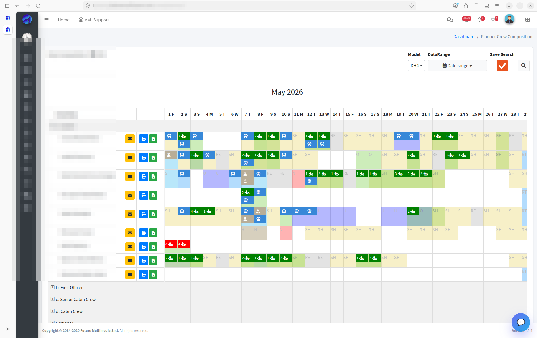 BXI FTL — crew duty timeline with cumulative thresholds